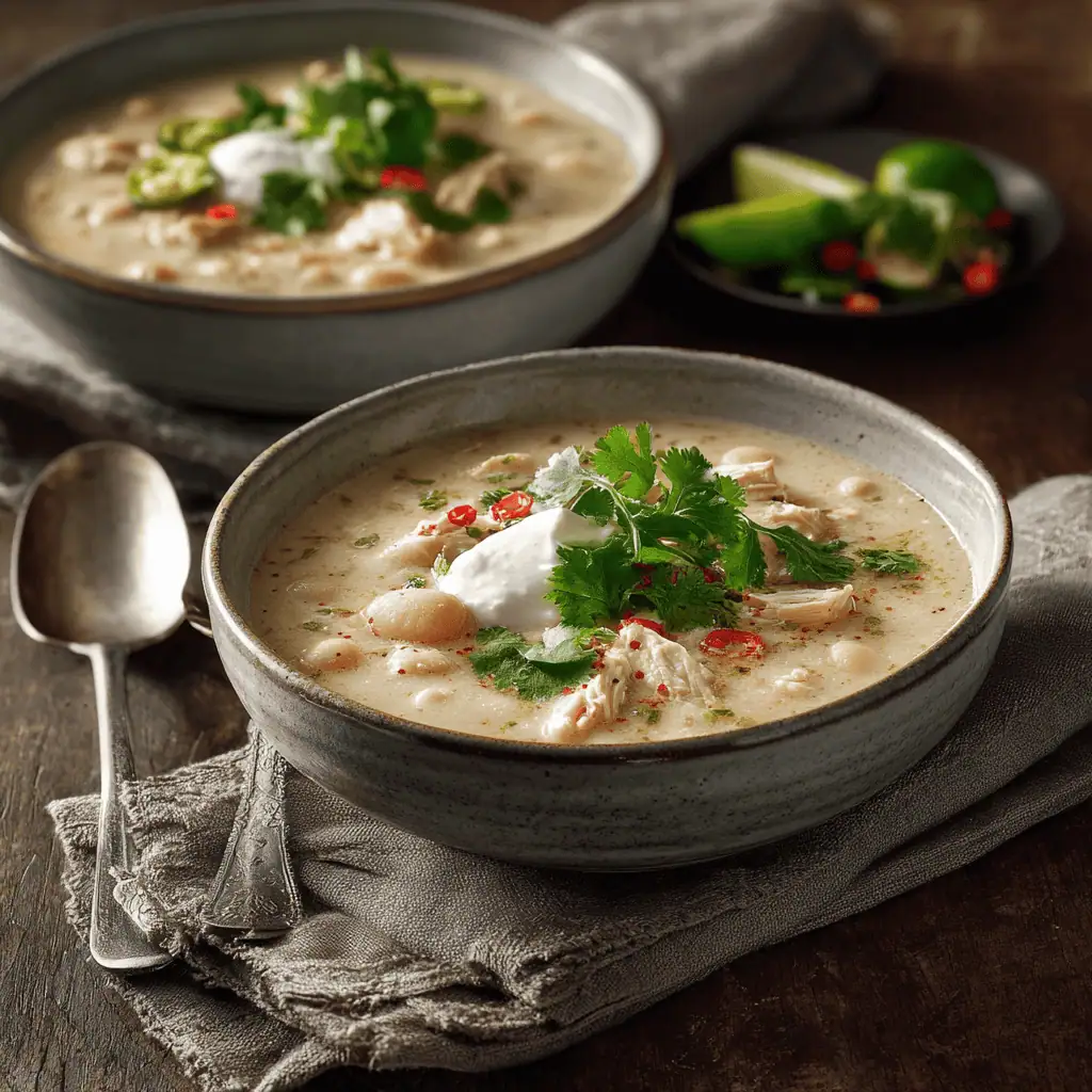 Elegant presentation of classic creamy white chicken chili with premium toppings and upscale dining setup