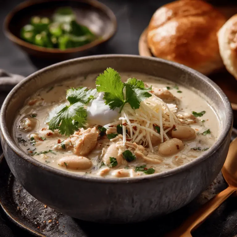 Classic creamy white chicken chili in ceramic bowl with steam rising, showing rich creamy texture with chicken and beans