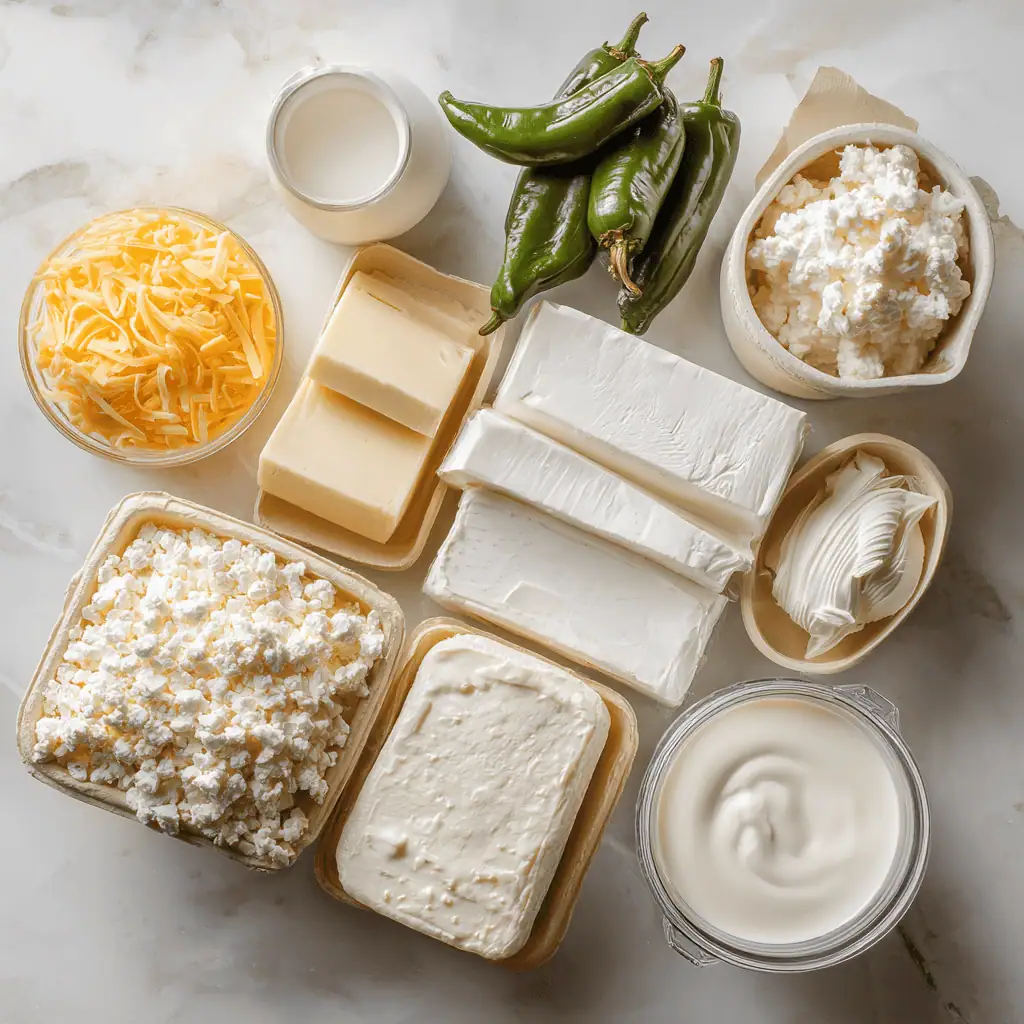 Premium dairy ingredients for classic creamy white chicken chili including heavy cream, cream cheese, and sour cream