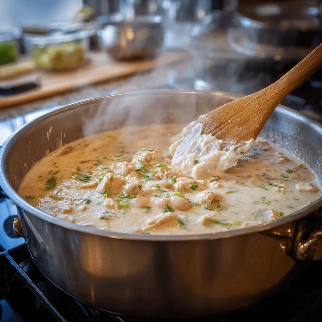 Cream cheese being stirred into simmering white chicken chili showing creamy texture development process