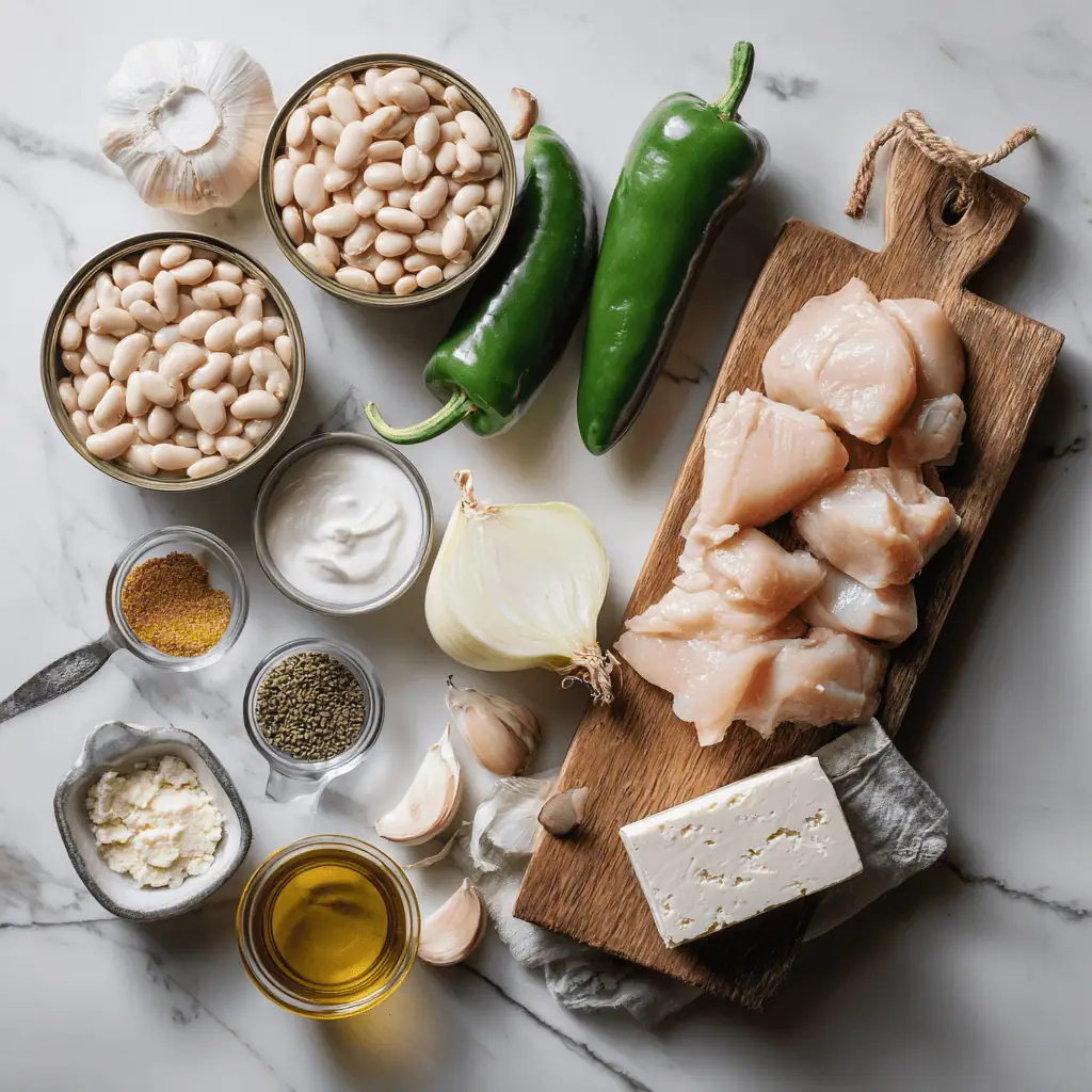  Ingredients for classic white chicken chili with white beans arranged on marble surface including chicken, beans, and poblano peppers