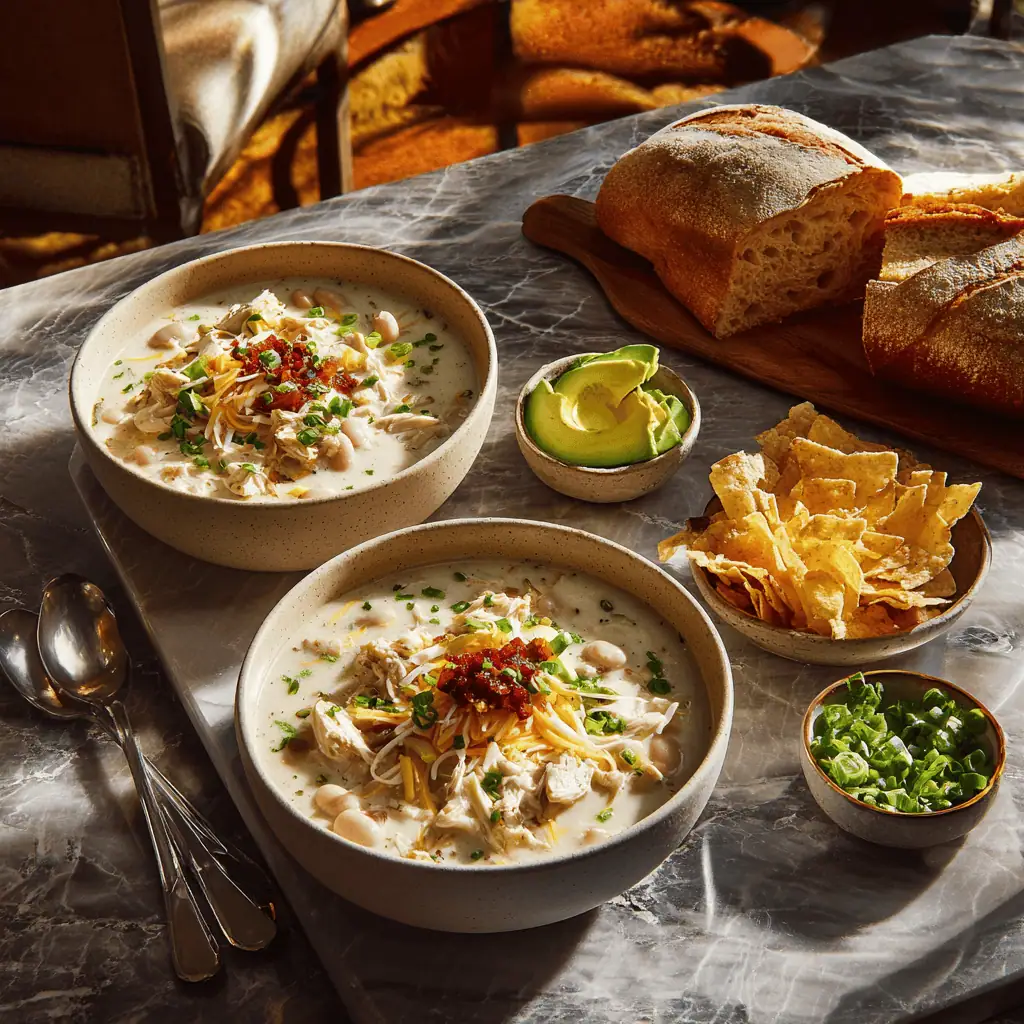 Two bowls of classic white chicken chili with white beans served with elegant toppings including cheese, avocado, and green onions
