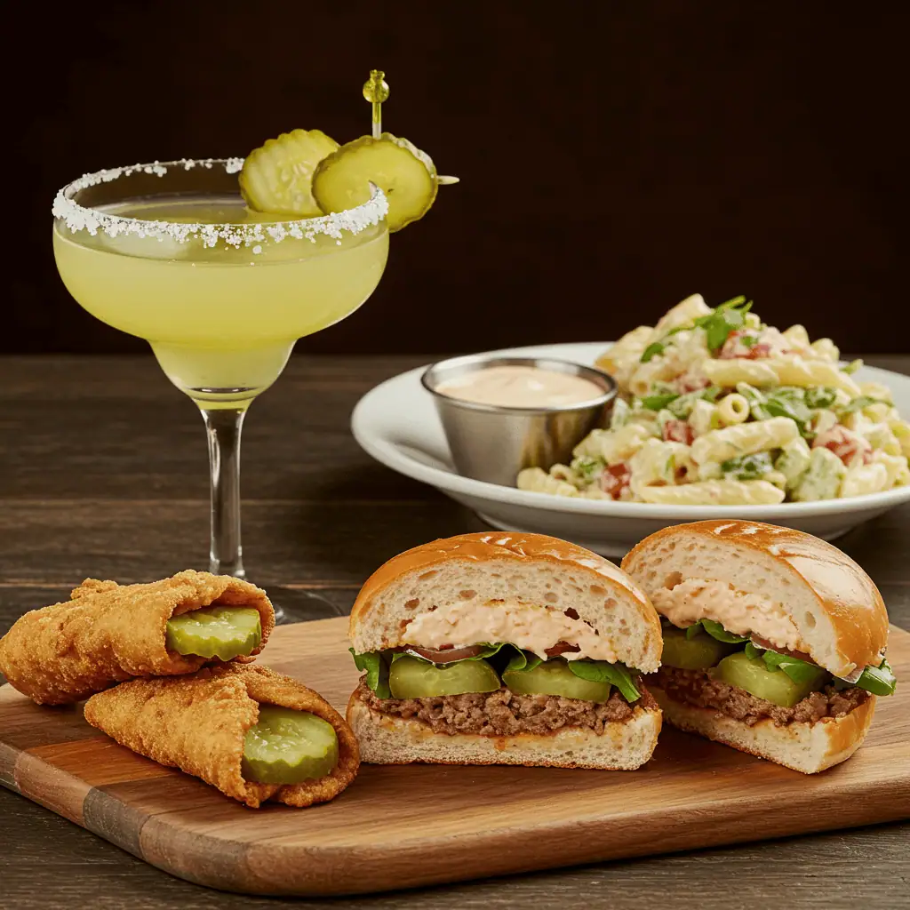 Savory creative pickle recipes including margaritas, wraps, burgers, and pasta salad