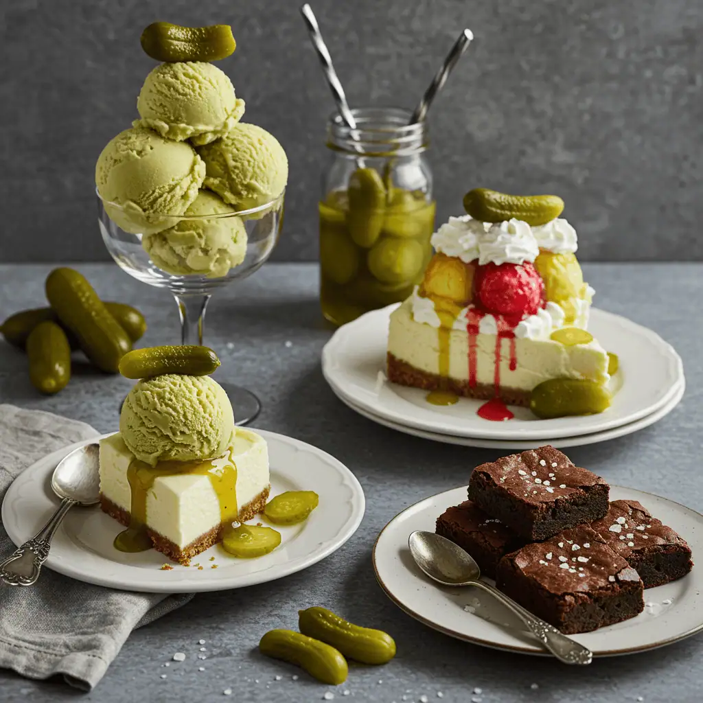 Sweet pickle desserts including ice cream, pickle split, cheesecake, and brownies showing creative dessert applications