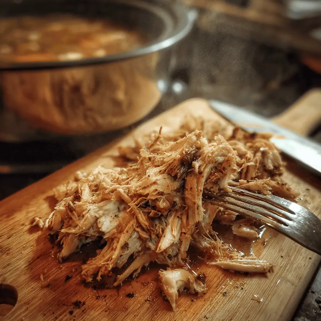 Tender cooked chicken being shredded with forks for crockpot chicken noodle soup showing perfect texture
