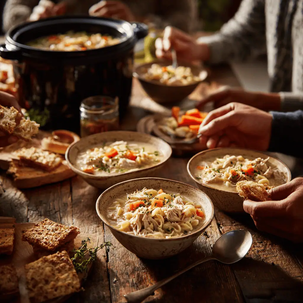 Family dining scene with multiple bowls of crockpot chicken noodle soup being served from slow cooker