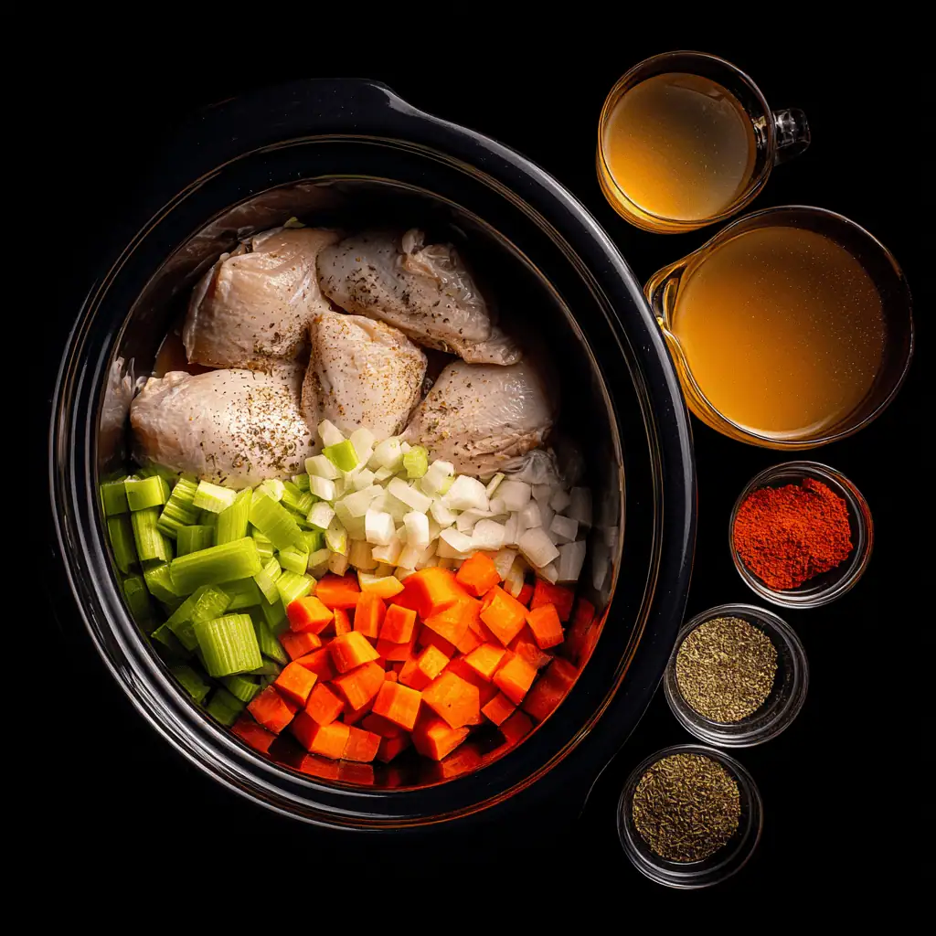 Slow cooker setup showing raw chicken and vegetables being layered for crockpot chicken noodle soup preparation