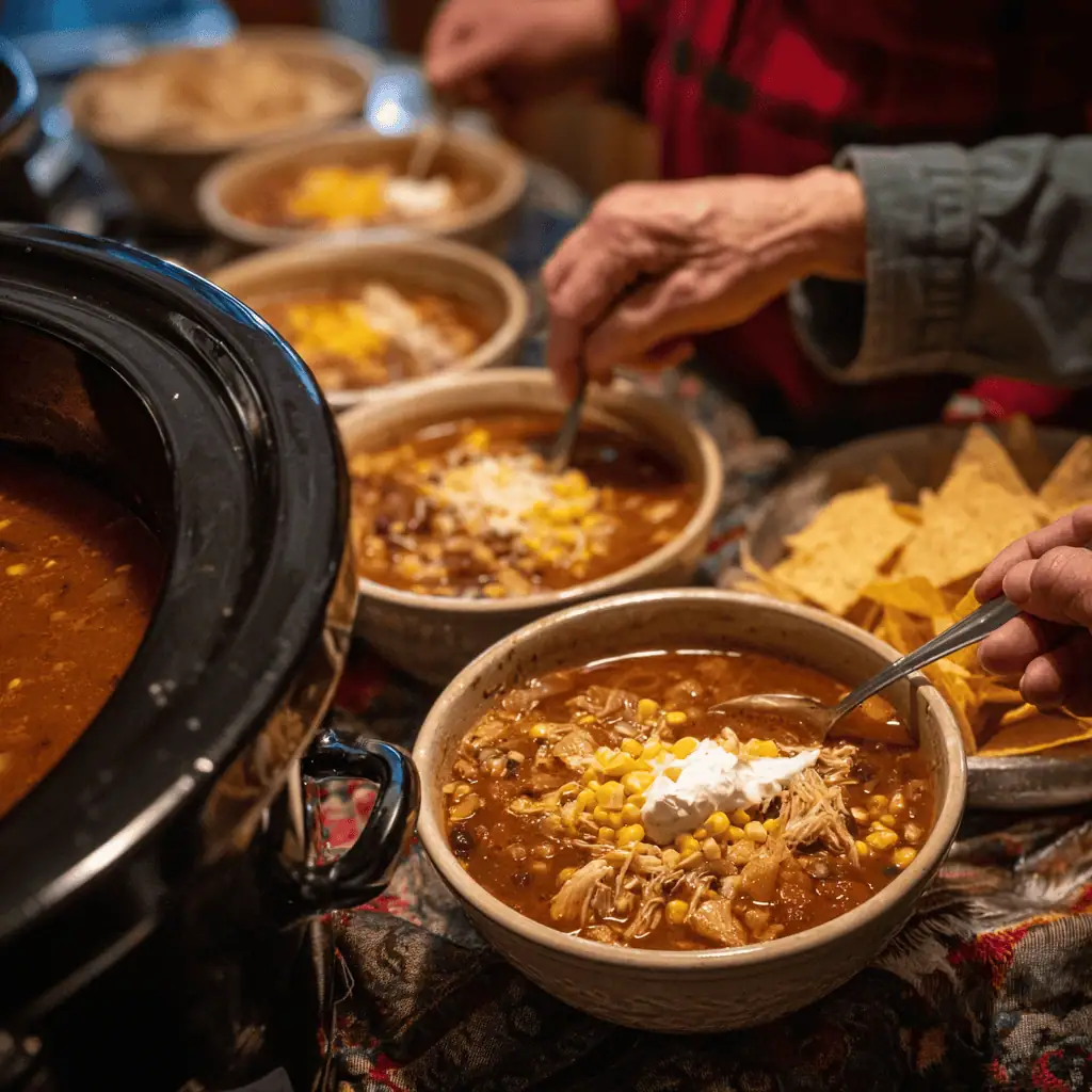Family serving scene with crockpot chicken taco soup with corn being enjoyed with Mexican toppings and tortilla chips