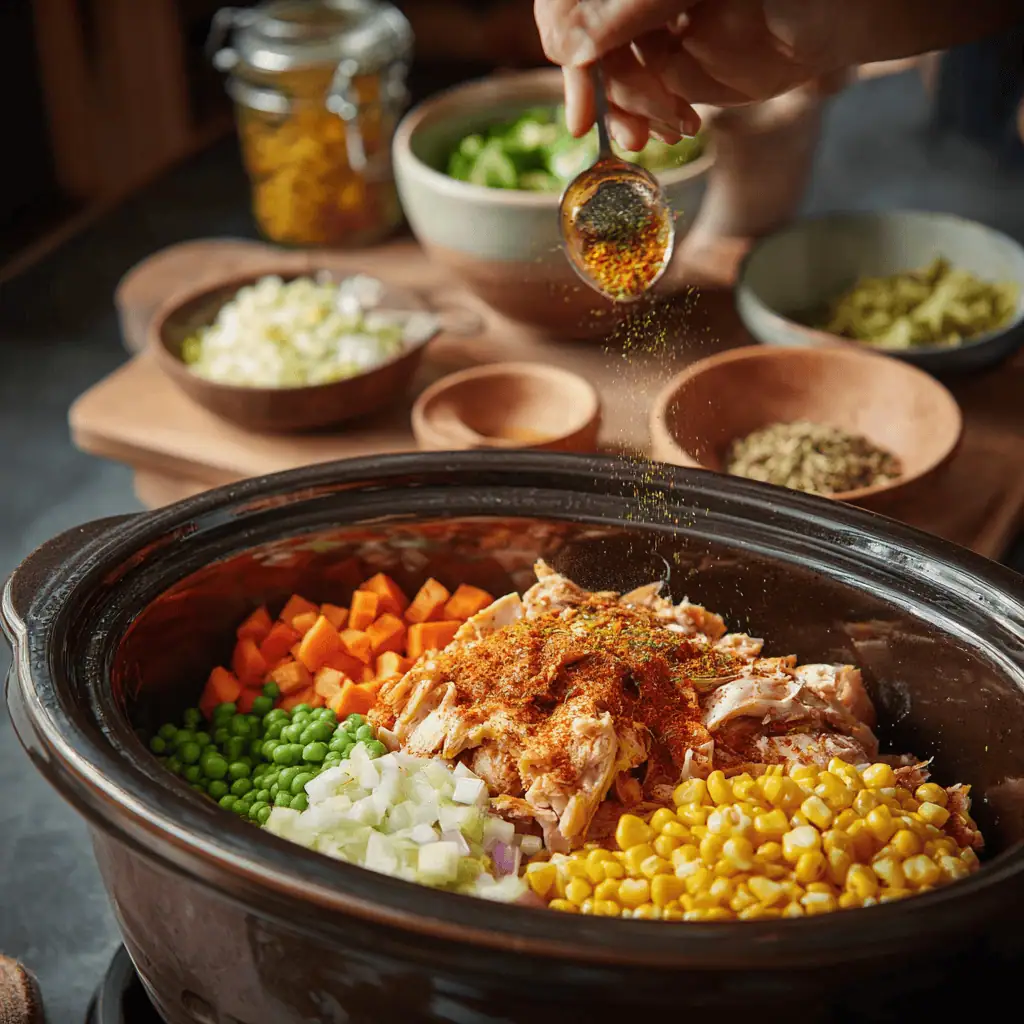 Slow cooker layering process for chicken taco soup showing strategic ingredient placement for optimal cooking