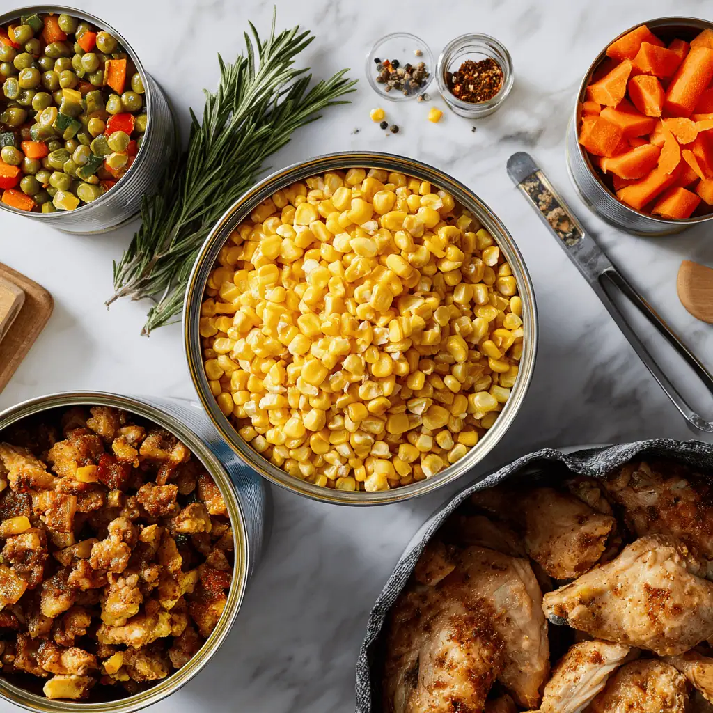 Triple corn ingredients for crockpot chicken taco soup including frozen corn, sweet corn, and fire-roasted corn with chicken and vegetables
