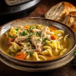 Crockpot chicken noodle soup in ceramic bowl with steam rising, showing tender chicken, vegetables, and noodles in golden broth