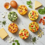 Five different egg bite variations showcasing Mediterranean, Classic, Southwest, Garden Veggie, and Protein Power flavors with visible ingredients