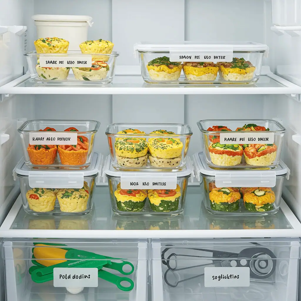 Start Your Day Right with Mood-Boosting Egg Bites! 10 Meal prep organization showing five different egg bite variations properly stored in labeled containers for weekly breakfast planning