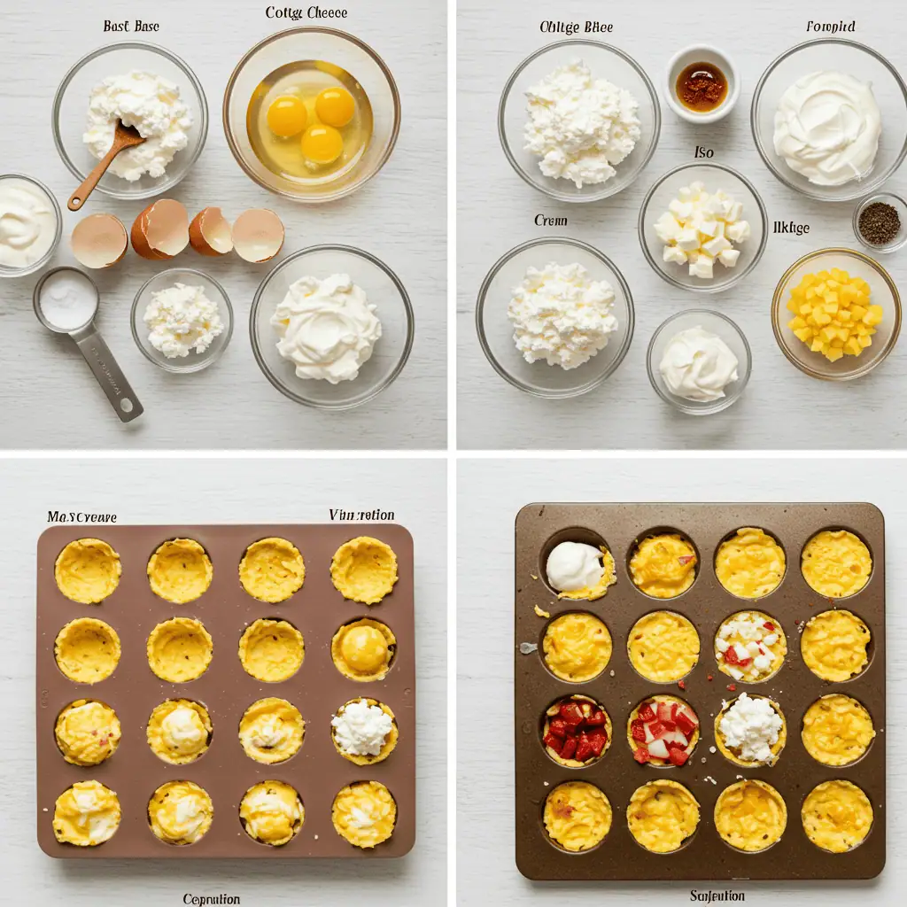 Start Your Day Right with Mood-Boosting Egg Bites! 8 Step-by-step process showing how to prepare five different egg bite variations from base ingredients to finished products