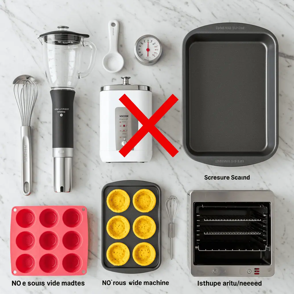 Essential equipment setup for making egg bites without sous vide showing silicone molds, roasting pan, and blender