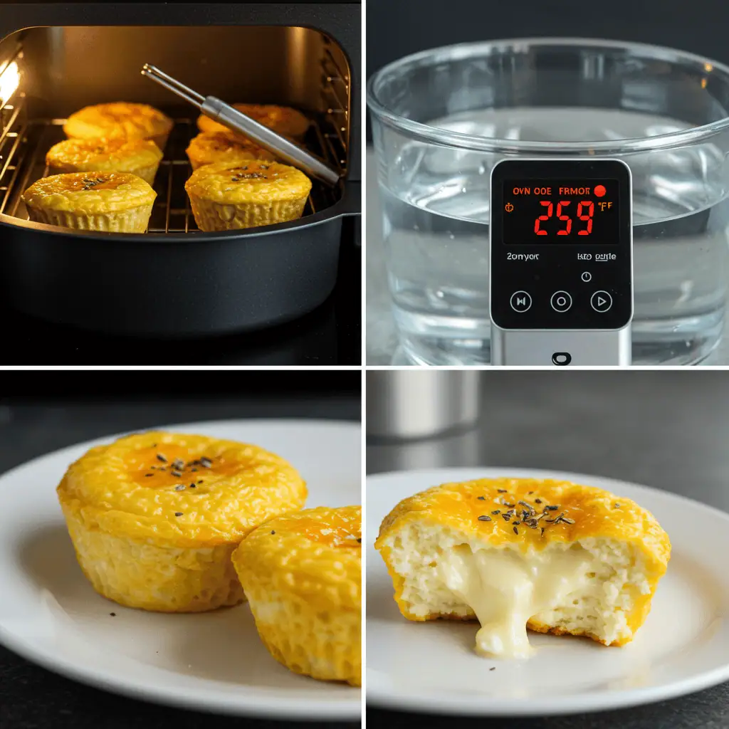 Temperature control demonstration for egg bites without sous vide showing oven and water bath thermometers with timing