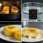 Water bath method for making egg bites without sous vide showing silicone molds in oven roasting pan with finished golden egg bites