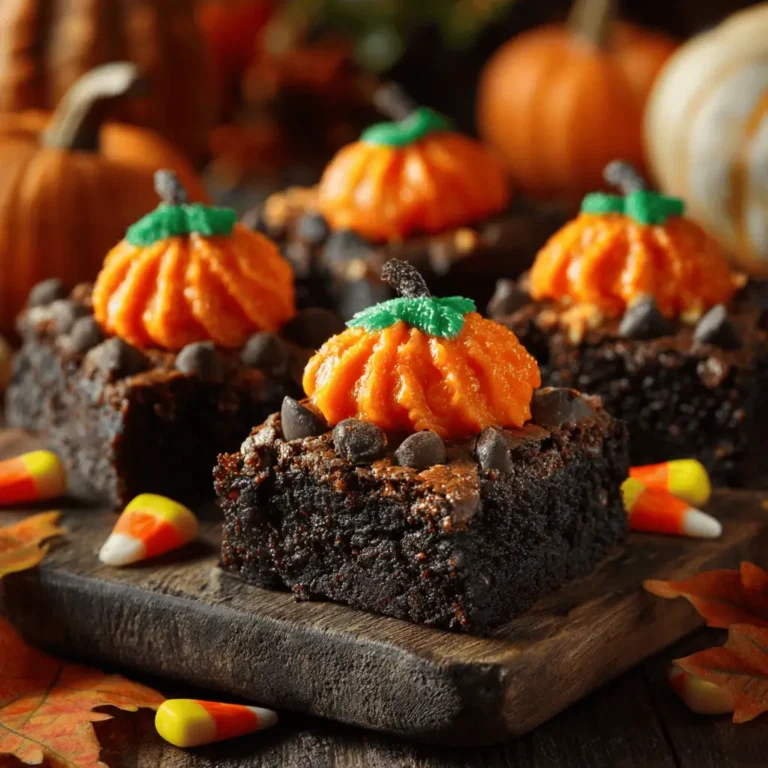 Festive pumpkin patch brownies with orange frosting pumpkins on wooden board with Halloween decorations