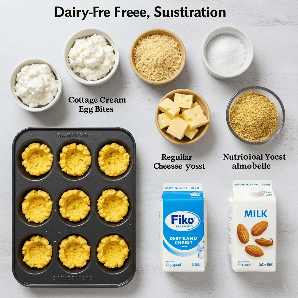 Dairy-free ingredient substitution guide for gluten free dairy free egg bites showing cashew cream, nutritional yeast, and plant milk alternatives