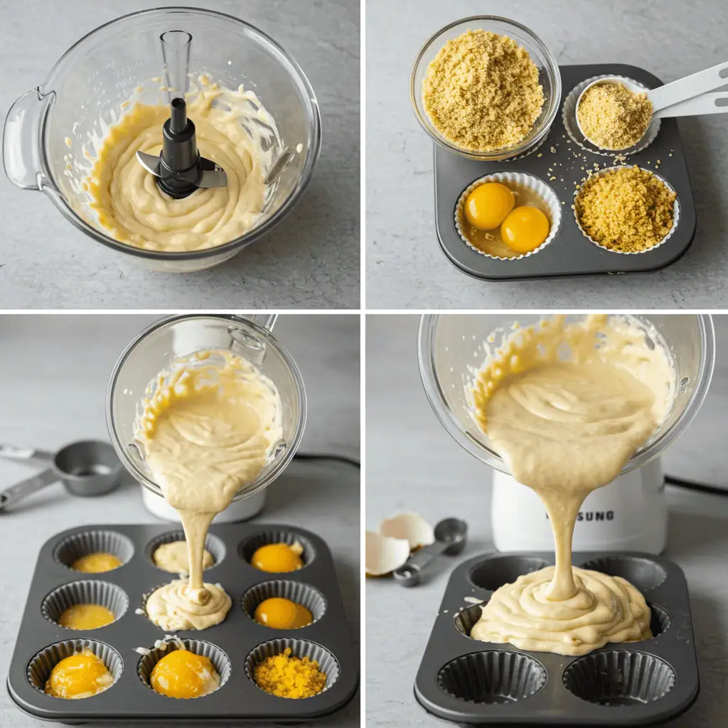 Preparation process for gluten free dairy free egg bites showing blending technique and proper mixture consistency