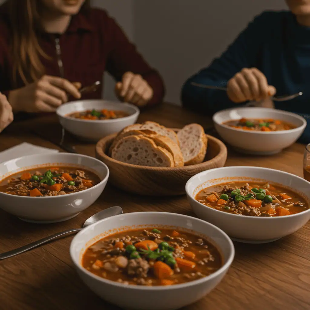 Ground beef vegetable soup served for family dinner with bread