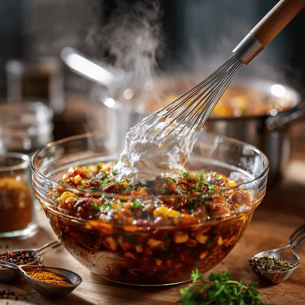 Greek yogurt being whisked for healthy white chicken chili showing low-fat cooking technique