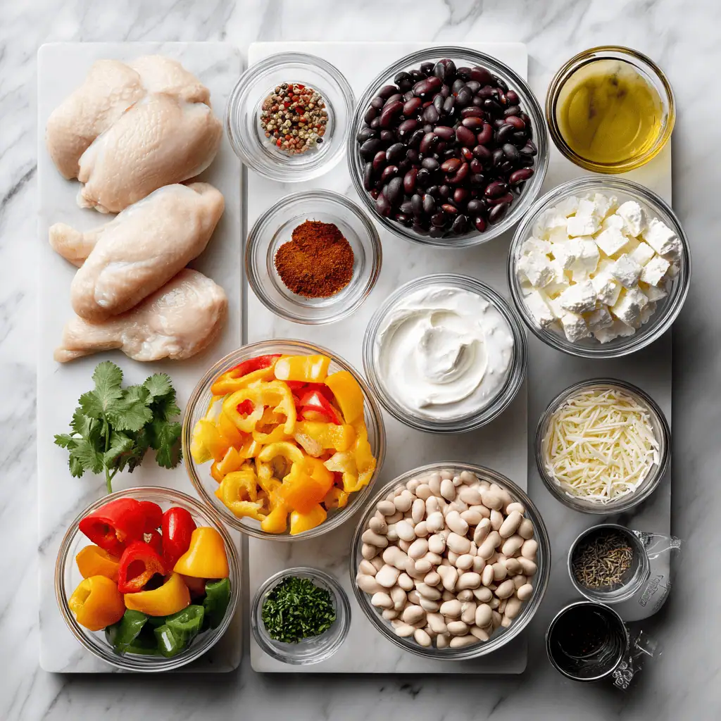 Healthy ingredients for white chicken chili including lean chicken, Greek yogurt, and colorful vegetables arranged for nutrition focus