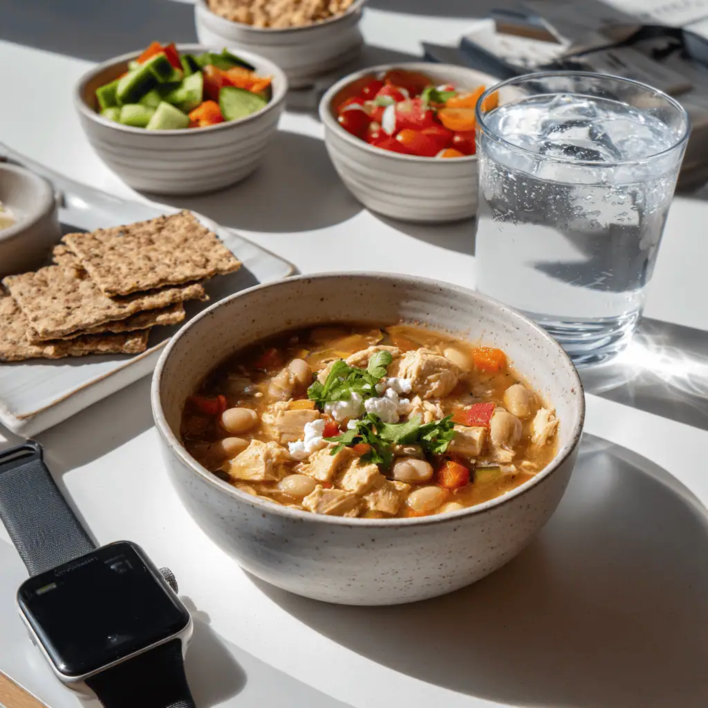Healthy white chicken chili served with nutritious toppings and portion control for wellness goals