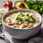 Healthy white chicken chili in white bowl with steam rising, garnished with avocado and cilantro showing nutritious ingredients