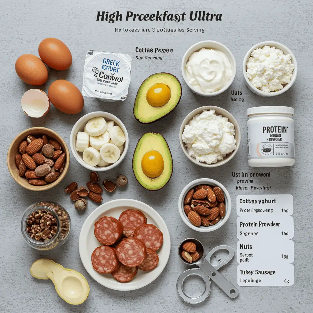 High protein breakfast ingredients comparison showing protein content per serving for optimal morning nutrition planning