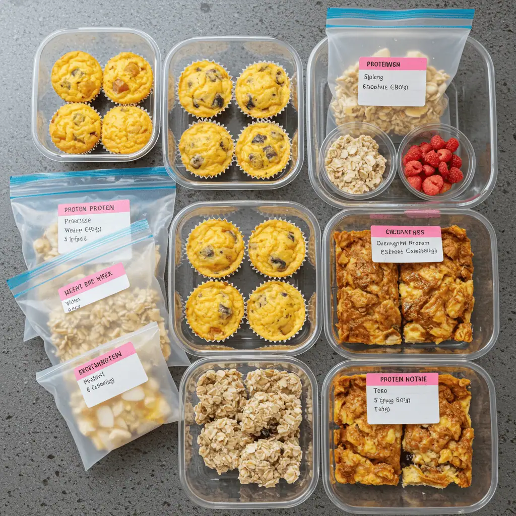 High protein breakfast meal prep containers showing weekly breakfast planning with protein-rich options inspired by egg bites