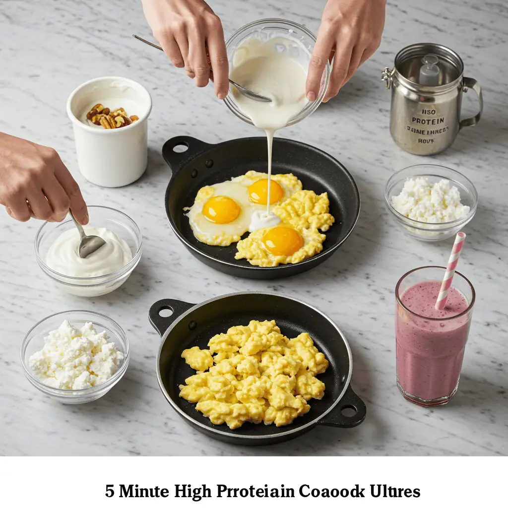 Quick assembly guide for high protein breakfast ideas showing 5-minute protein-rich breakfast combinations