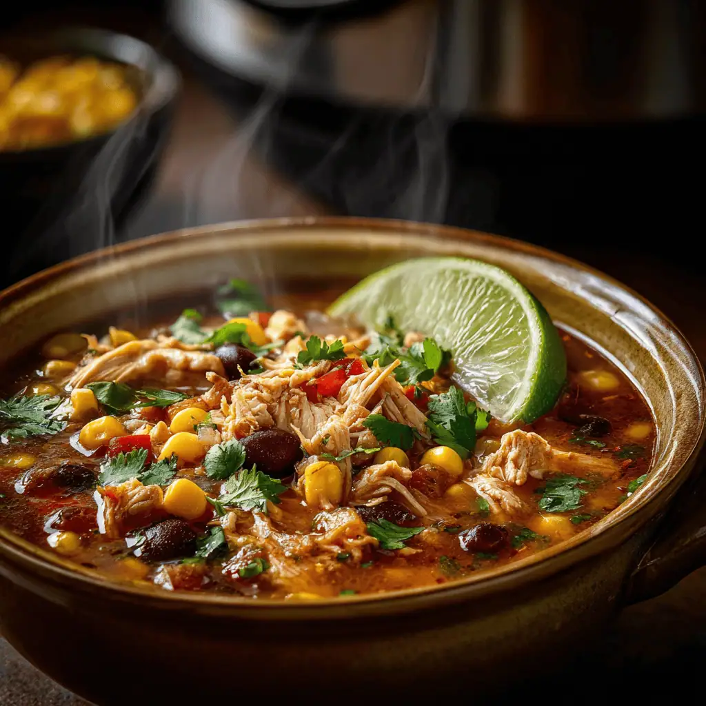 Crockpot chicken taco soup with corn in ceramic bowl showing shredded chicken, corn kernels, beans, and peppers with steam rising