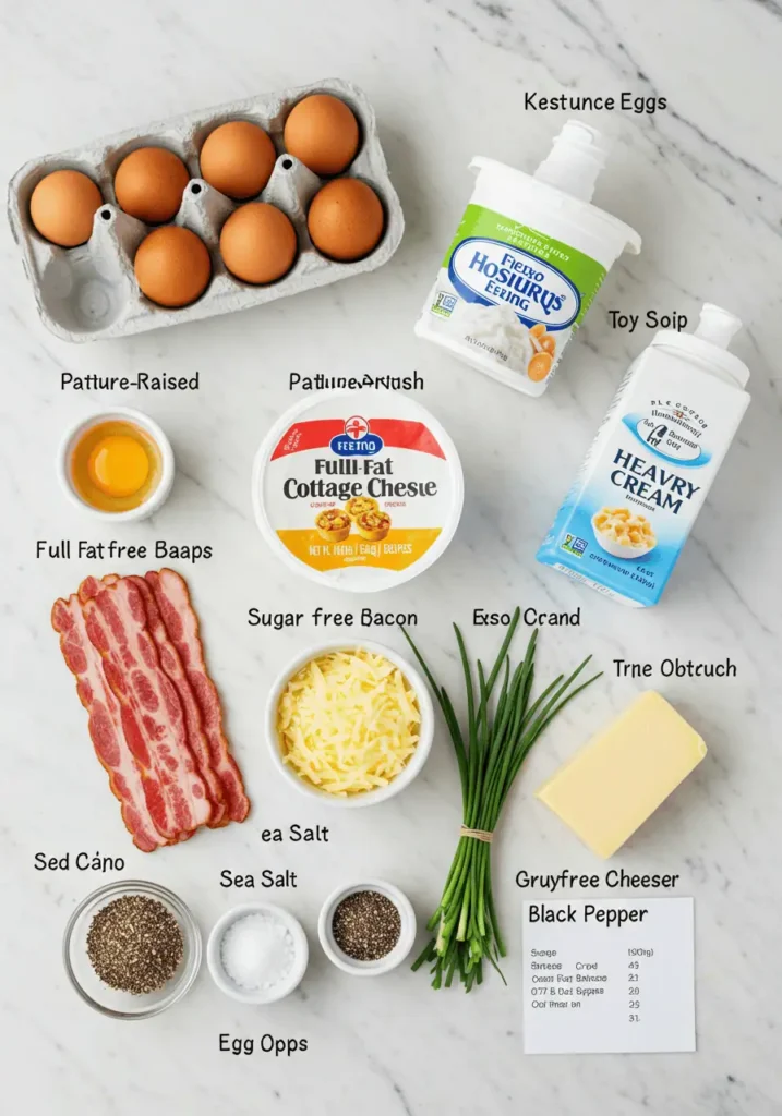 Complete ingredient layout for keto egg bites recipe showing low-carb, high-fat ingredients with nutritional information