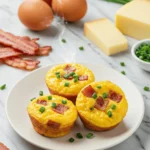 Golden keto egg bites recipe with visible bacon and cheese showing 1g net carbs and 20g protein for ketogenic diet breakfast