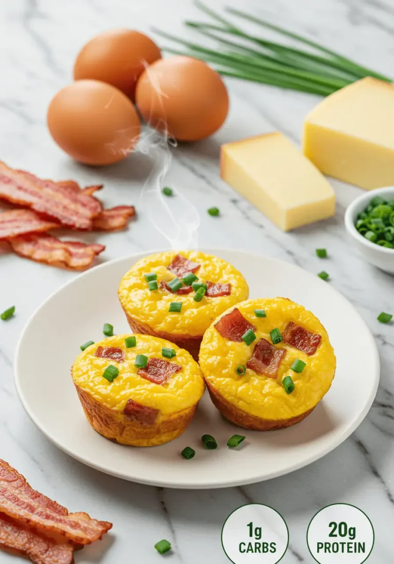 Golden keto egg bites recipe with visible bacon and cheese showing 1g net carbs and 20g protein for ketogenic diet breakfast