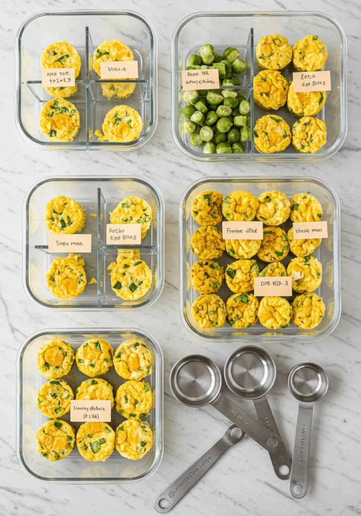  Meal prep organization for keto egg bites recipe showing proper storage containers and labeling for weekly ketogenic planning