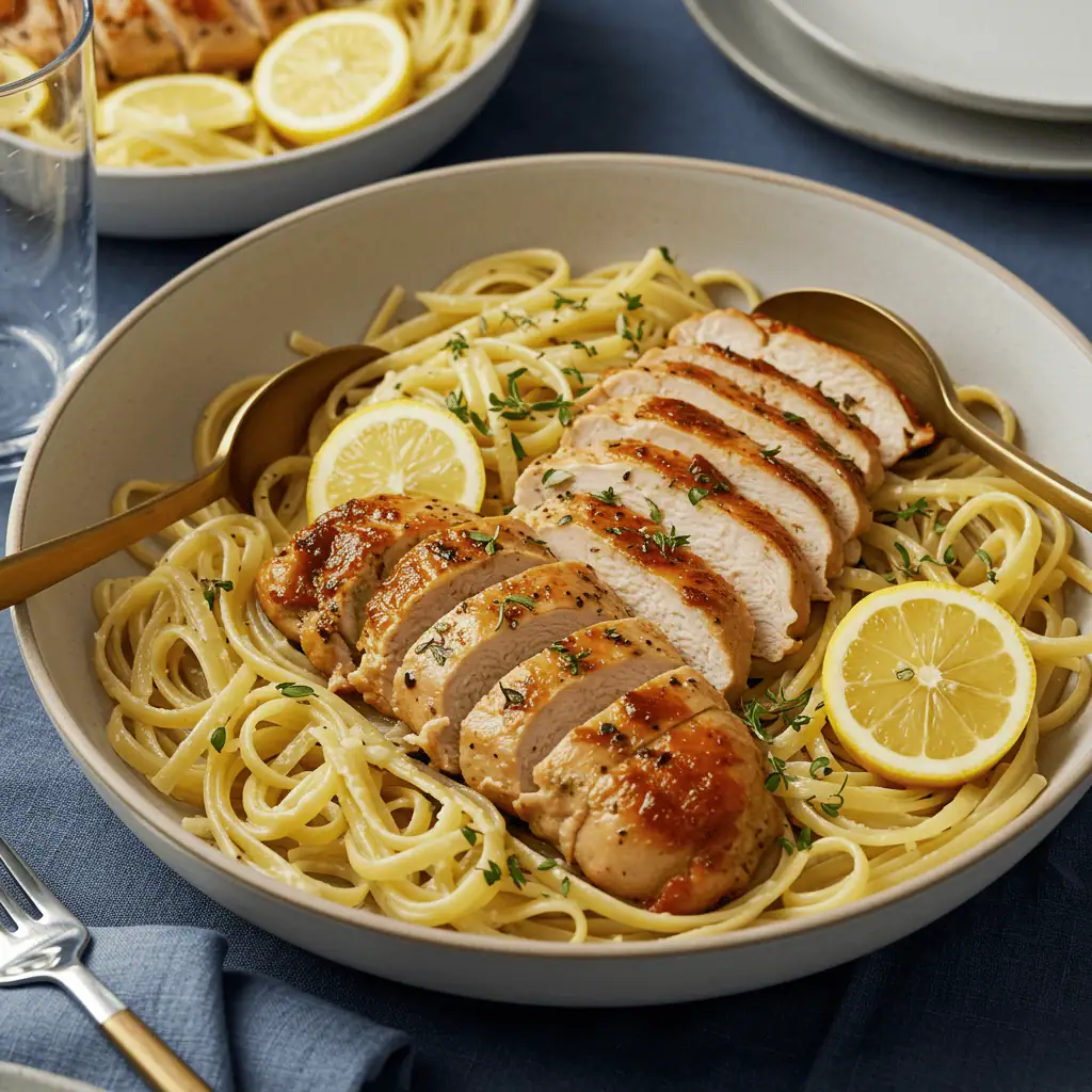 Lemon Garlic Chicken and Pasta: Ultimate 30-Minute Recipe 10 Finished lemon garlic chicken and pasta ready to serve family-style
