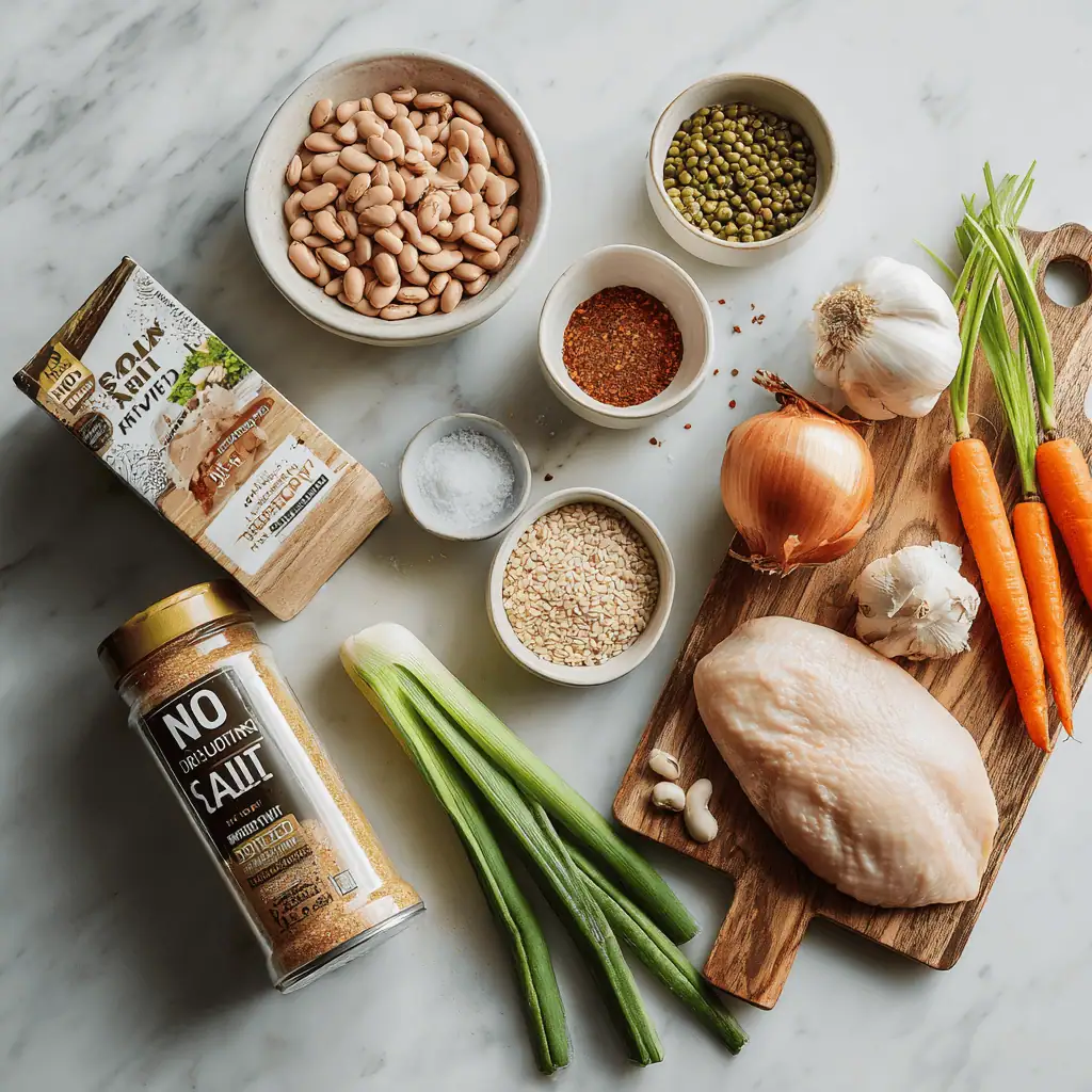  Low-sodium ingredients including no-salt-added beans, salt-free spices, and lean chicken for heart-healthy chili