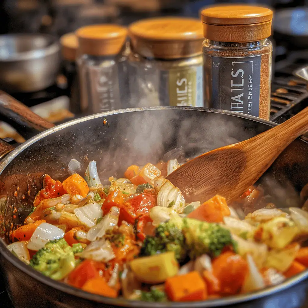 Salt-free spices being bloomed with vegetables for low-sodium chicken chili showing healthy cooking technique