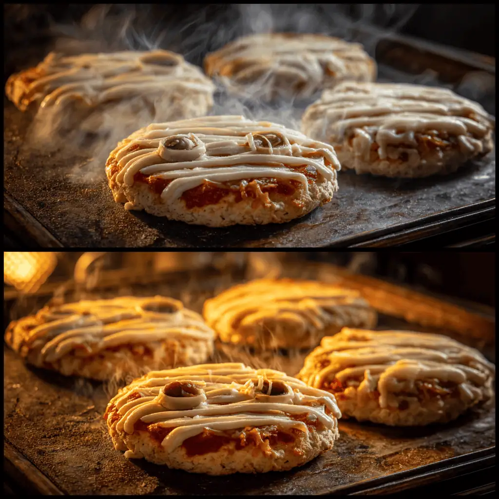Before and after baking comparison of mini mummy pizzas showing cheese transformation into mummy bandage effect