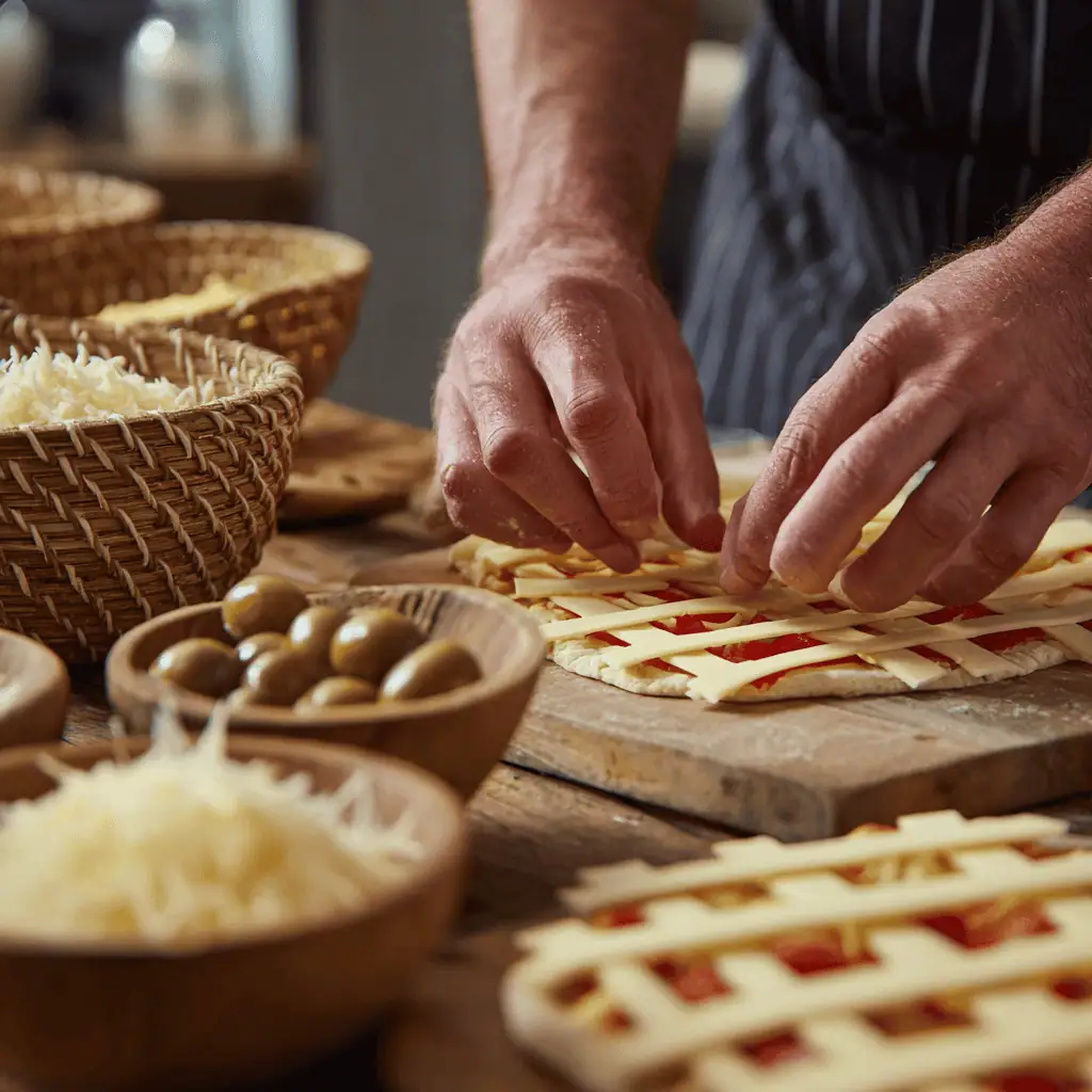 Hands arranging string cheese strips in mummy bandage patterns on mini pizza bases before baking