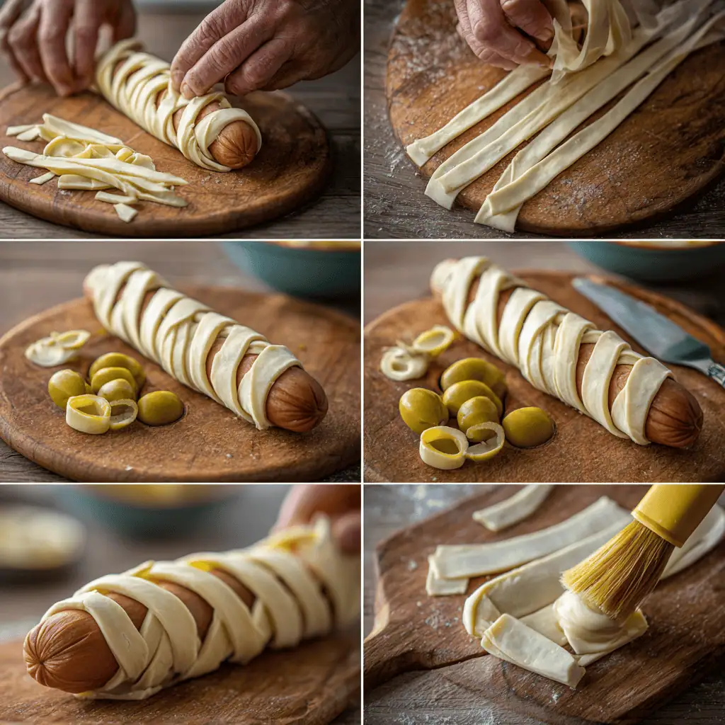 Step-by-step assembly of mummy hot dogs showing puff pastry strips being wrapped around hot dog
