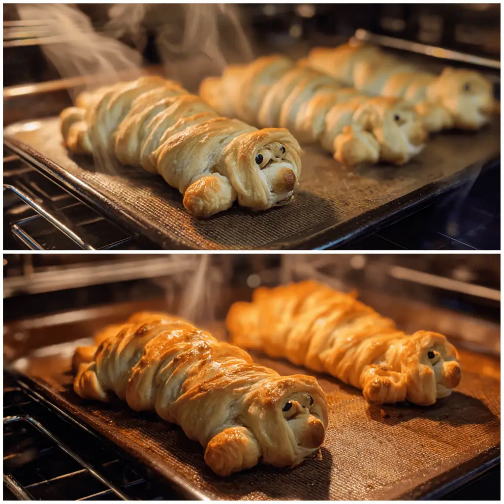 Before and after baking comparison of mummy hot dogs showing transformation from pale to golden-brown