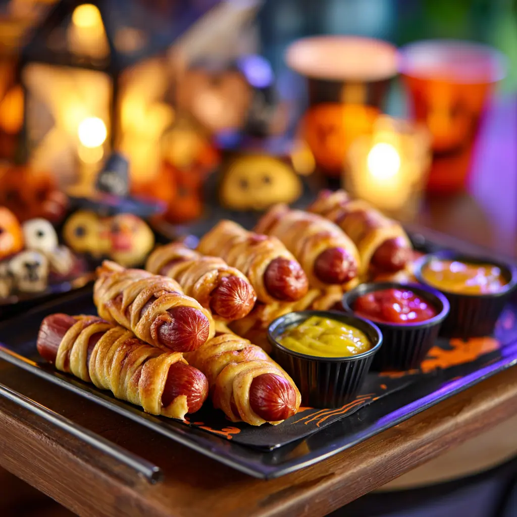Halloween party scene with mummy hot dogs served with colorful dipping sauces and festive decorations