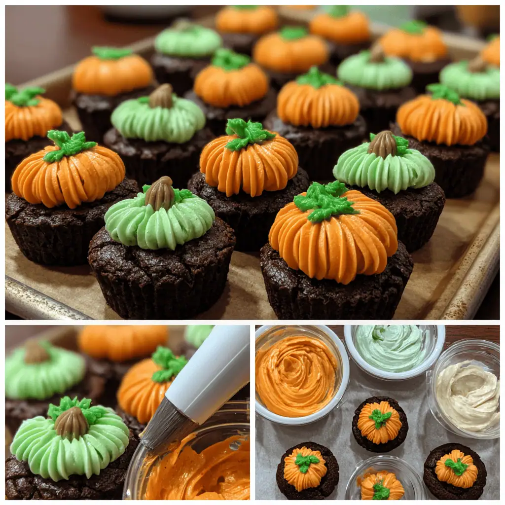 Festive Pumpkin Patch Brownies Recipe 9 Piping bag creating orange frosting pumpkins on chocolate brownies with green stems