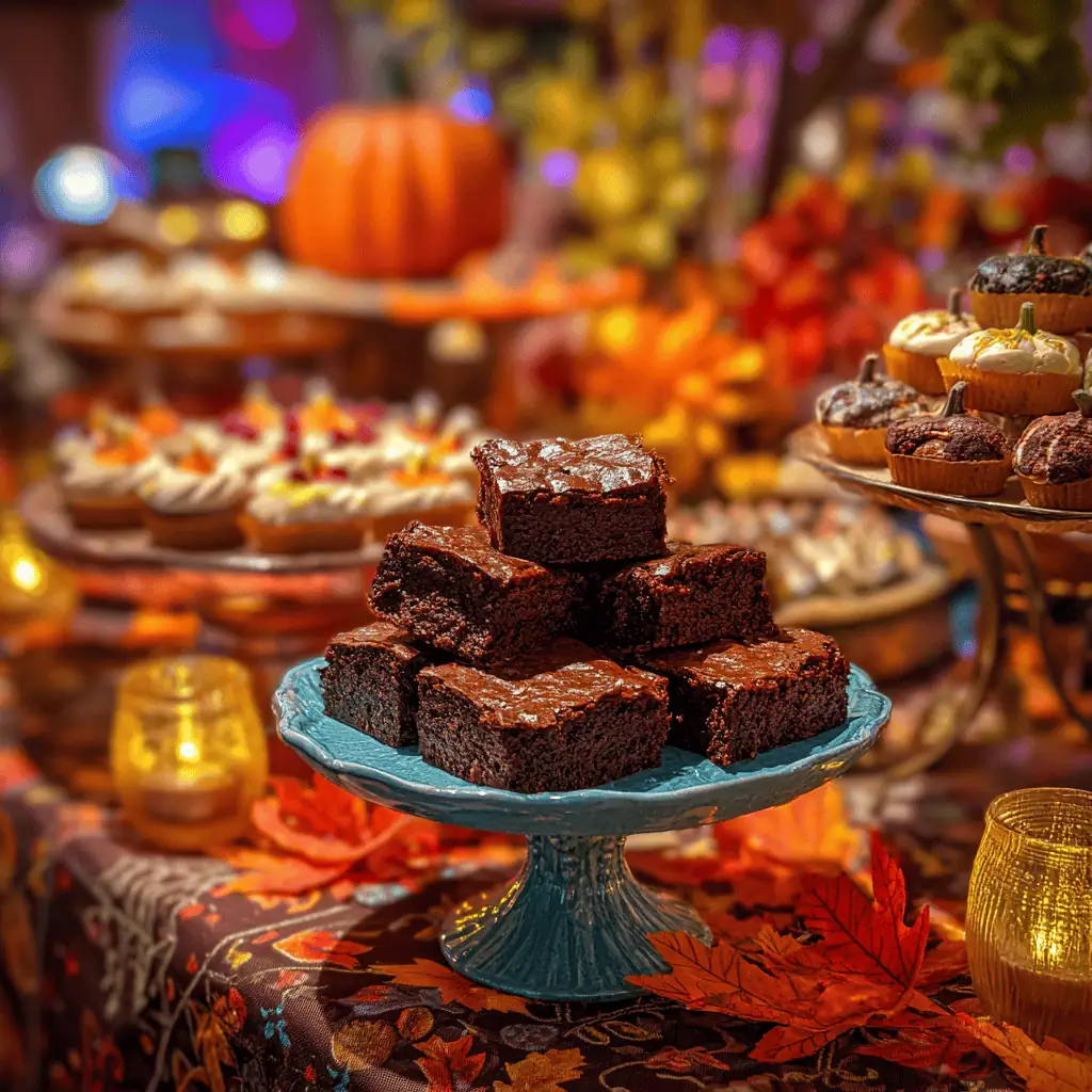 Festive Pumpkin Patch Brownies Recipe 10 Halloween dessert table featuring pumpkin patch brownies on tiered stands with festive decorations