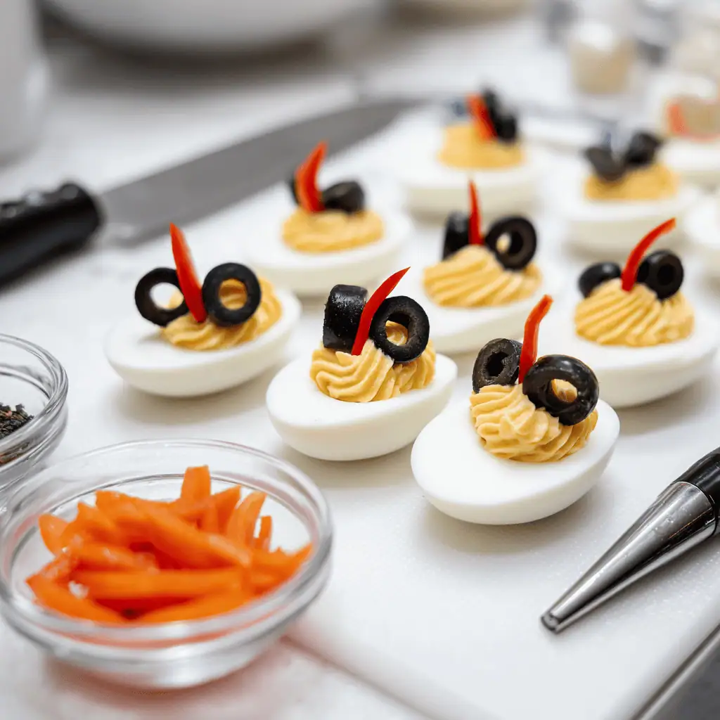 Spooky Eyeball Deviled Eggs Recipe 9 Hands assembling eyeball features on deviled eggs showing olive pupils and red pepper veining placement