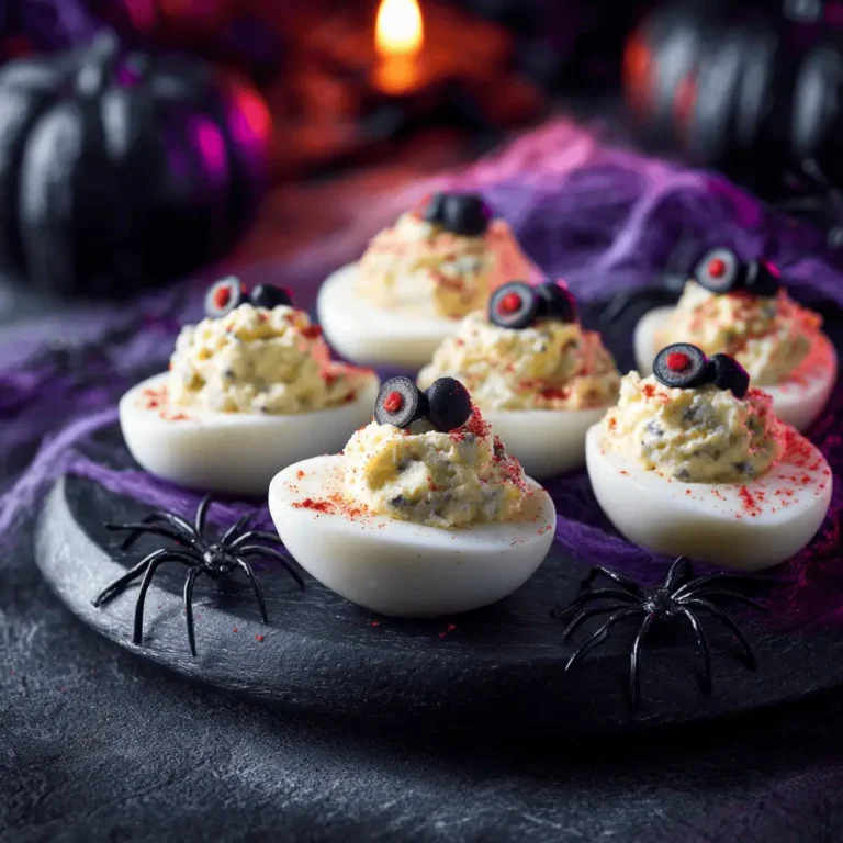 Spooky eyeball deviled eggs with olive pupils and red pepper veining on Halloween platter with decorations