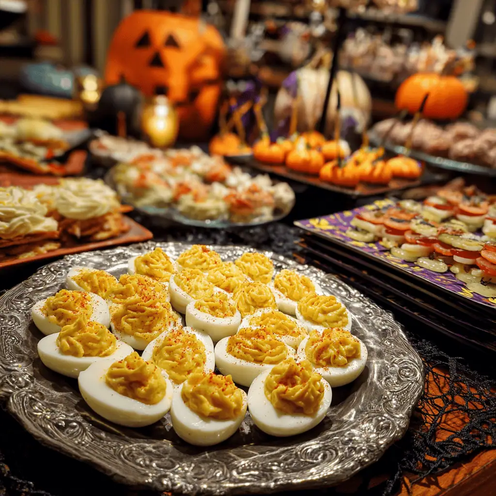 Spooky Eyeball Deviled Eggs Recipe 10 Halloween party table featuring spooky eyeball deviled eggs with other appetizers and festive decorations